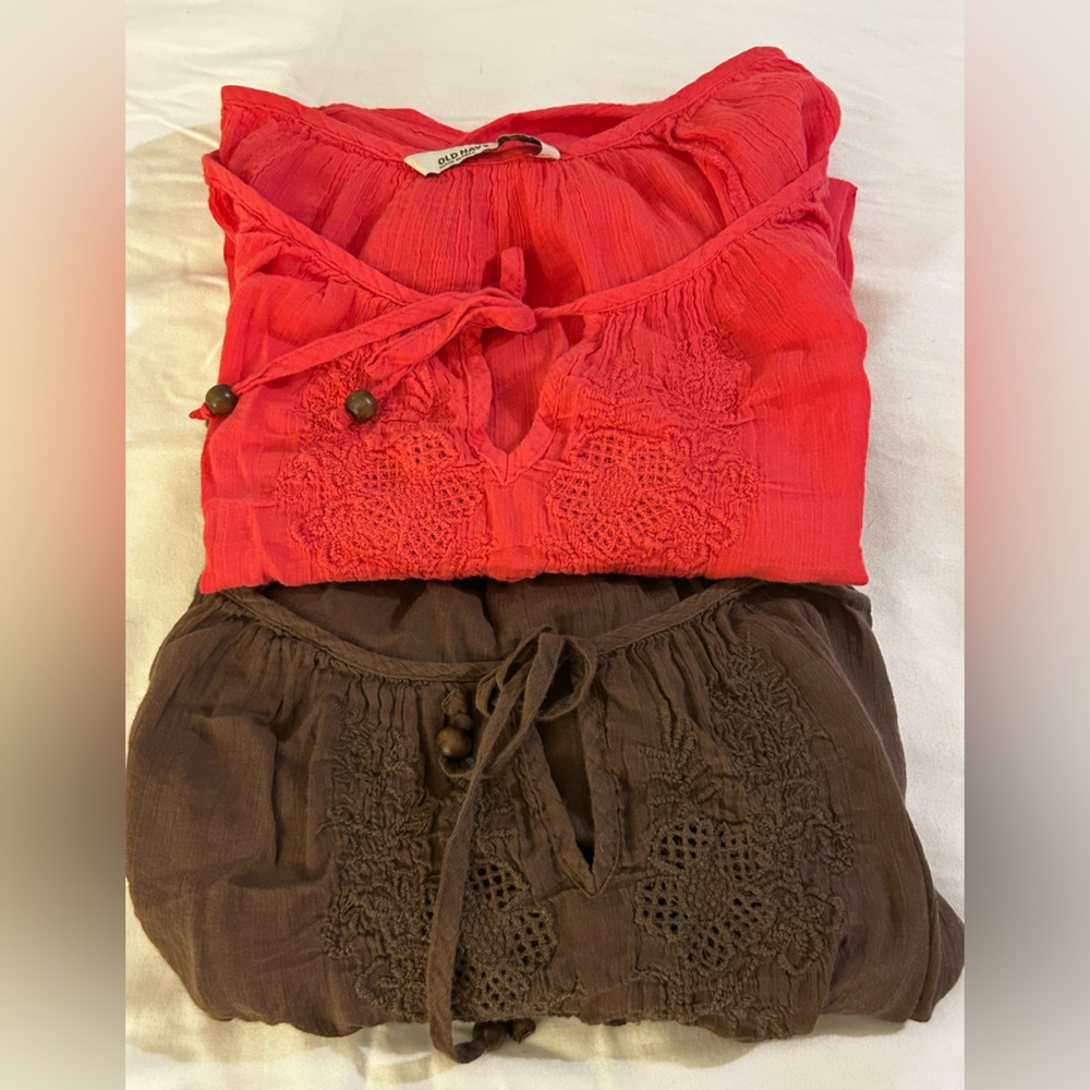 Old Navy Vintage Red & Brown Short Cap Sleeve cotton embroidered neckline XXL